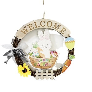 Easter bunny wreath with Welcome sign, sunflowers and colorful eggs on branch base