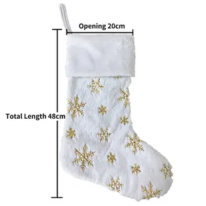 White plush Christmas stocking with gold embroidered snowflake pattern, 48cm large size