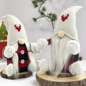 Detail of two Christmas gnomes with red-black plaid bodies and reindeer embroidery