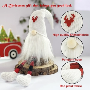 Handmade Christmas gnome with white beard, knitted elk hat and long red plaid legs