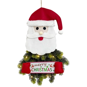 Lighted Santa Claus Christmas wreath hanger with warm LED lights and Merry Christmas sign