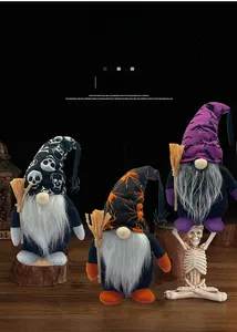Detailed view of Halloween faceless gnomes with spider, bat, and skull patterns on hats