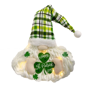 Lighted St. Patrick's Day gnome decoration with green plaid hat and shamrock