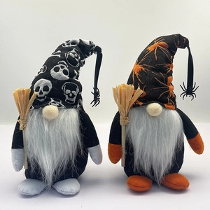 Halloween gnome set with skull and spider patterns holding brooms for home decoration