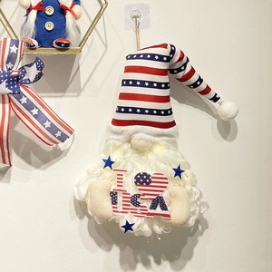 Lighted Independence Day gnome wall hanging with I Love USA sign and red white blue decor