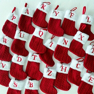 Red Cable Knit Christmas Stocking With White Faux Fur Cuff Embroidered Letter And Candy Cane Xmas Home Tree Decoration