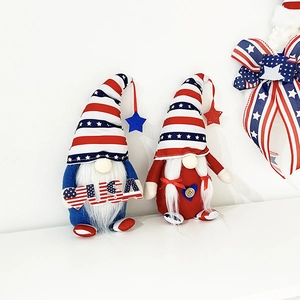 Detail of USA themed Independence Day gnomes with striped hats and plush white beards