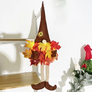 Gnome d'automne mural avec chapeau tournesol, barbe en érable et lumières LED