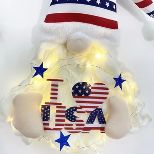 Patriotic 4th of July plush gnome decoration with LED lights and I Love USA star pattern