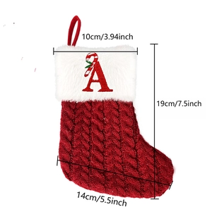 Red knit Christmas stocking with letter A and candy cane embroidery, 7.5 inch height