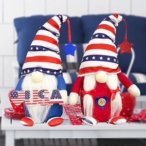 Close-up of USA patriotic gnomes with star-spangled hats and soft plush beards