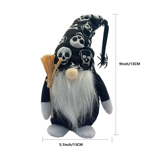 Halloween gnome plush with skull hat and mini broom 9-inch festive home window decoration