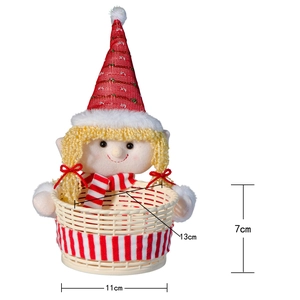 Detail of Christmas candy basket with plush elf doll and woven basket dimensions
