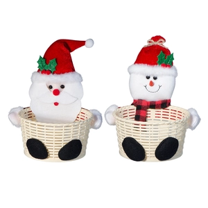 Detailed view of woven Christmas candy baskets with Santa and Snowman plush figurines