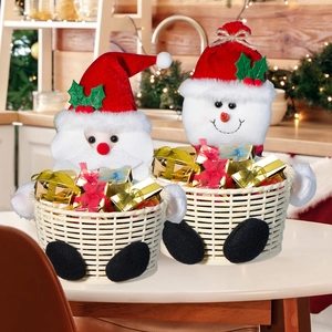 Macro view of Christmas candy basket showing plush Santa and snowman woven basket details