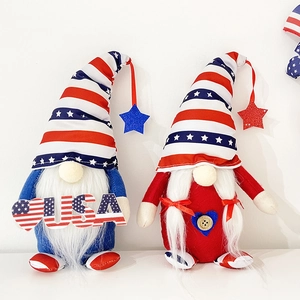Detail of two patriotic 4th of July gnomes with star-spangled hats and USA sign