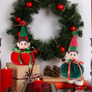 Set of red and green Christmas elf ornaments with sequined hats for holiday home decor
