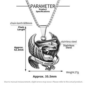Detailed view of stainless steel eagle pendant with dimensions 42.3mm by 35.5mm