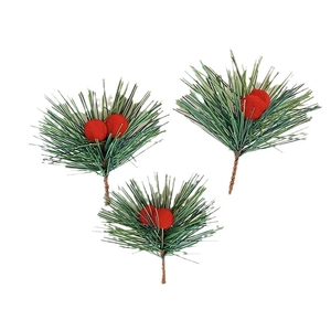 Artificial pine needles with red berries for Christmas holiday decorations set of 3