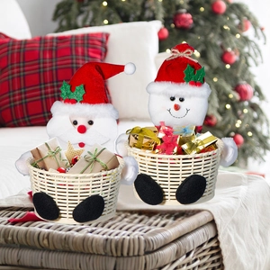 Christmas gift baskets featuring Santa Claus and Snowman plush designs for holiday candy storage