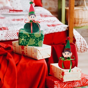 Christmas elf plush doll set in red and green festive ornaments for home shelf decor