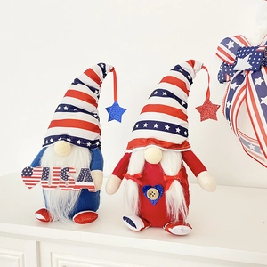 Close-up of pair of Independence Day patriotic gnomes with USA sign and star hats