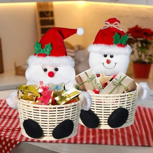 Detail of Santa and Snowman holiday baskets with faux-weave texture and plush accents