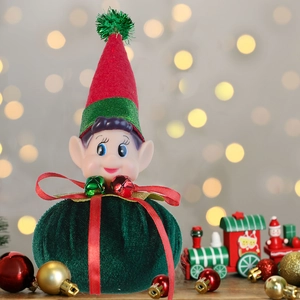 Christmas elf doll gift bag in green velvet with sequined hat and metal bells detail