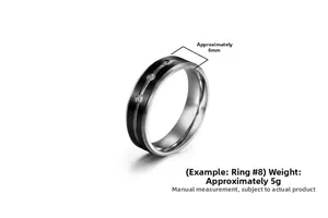 Detail of 6mm stainless steel band with black matte inlay and three inset round zircons