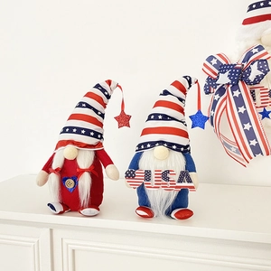 Detailed view of Fourth of July gnomes with American flag patterns and USA lettering