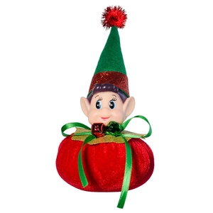 Close-up of Christmas elf ornament with green felt hat and red velvet body with bells