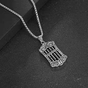 Vintage silver titanium steel abacus pendant necklace featuring lucky Pixiu and fortune charm