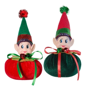 Red and green Christmas elf shelf sitter ornaments with soft velvet and bell details