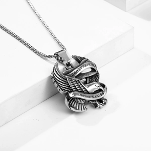 Vintage stainless steel eagle pendant necklace with box chain and engraved Latin motto