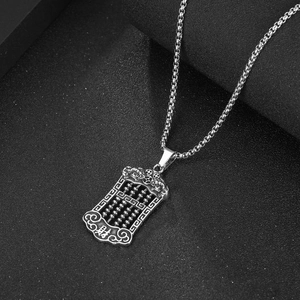 Vintage titanium steel abacus pendant necklace with lucky symbols on black background