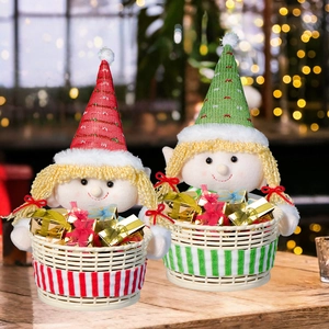 Macro view of Christmas elf candy baskets with knitted hats and woven storage design