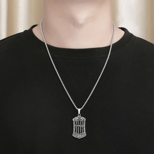 Retro abacus pendant necklace in titanium steel with lucky Chinese characters on a model