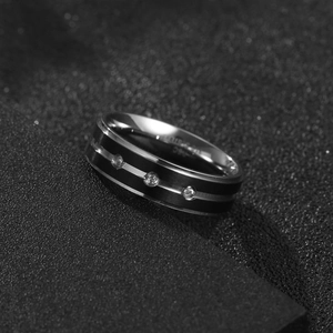 Stainless Steel Rhinestone Inlaid Ring For Men Women Simple Geometric Brushed Band Silver Black Electroplated Jewelry Gift