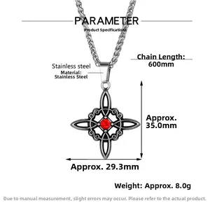Détails du pendentif croix en acier inoxydable avec pierre rouge et chaîne de 600mm