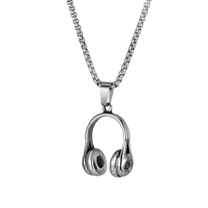 Minimalistische roestvrijstalen koptelefoon hanger met zilveren box-ketting en b-logo