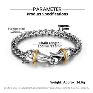 Detailed size parameters for hip-hop men's twisted stainless steel chain bracelet