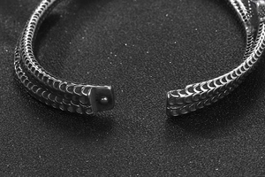 Vue macro de la texture d'écailles de serpent argentées et détail ouvert du bracelet en acier