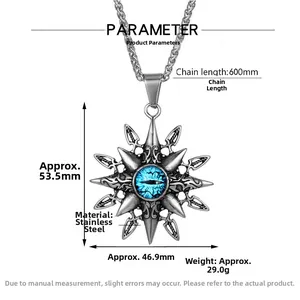 Macro shot of silver titanium steel evil eye necklace pendant with detailed dimensions