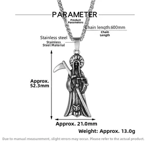 Gothic Grim Reaper pendant dimensions with 600mm chain length and 52.3mm height details