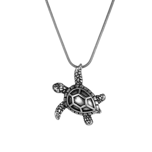 Vintage stainless steel sea turtle pendant necklace with detailed antique silver finish