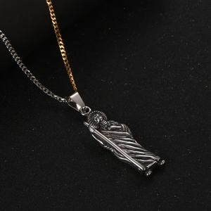 Religious saint pendant necklace with two-tone gold and silver steel chain for men