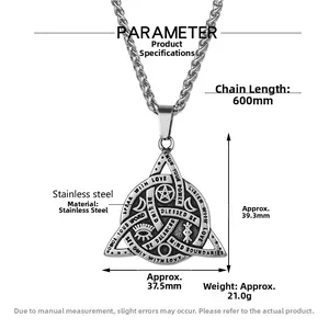 Macro detail of stainless steel triangle pendant with dimensions and mystic engravings