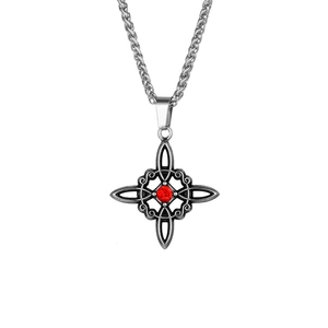Collier Pendentif Nœud Chinois Vintage en Acier Inoxydable pour Hommes Femmes Poli Strass Rouge Géométrique Bijoux Gothiques Accessoire