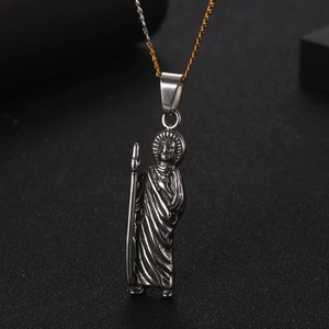 Vintage stainless steel Saint Jude religious pendant necklace with two-tone chain