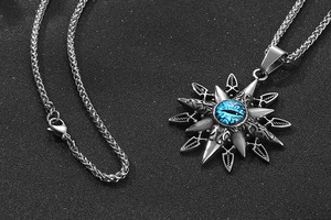Macro shot of titanium steel Eight-Pointed Star and Evil Eye pendant with retro carving